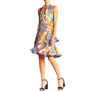 Nicole Miller Vibrant Multicolor Midi Halter Dress With Tassels Sz Medium